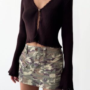 frayed ribbed crop cardigan, espresso brown