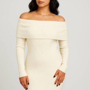 Off-Shoulder Knit Dress, cream